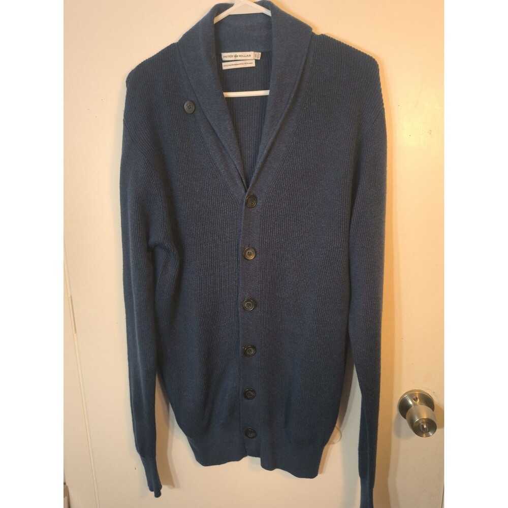 Peter Millar Crown Shawl Cardigan Sweater L Blue Merino Wool Linen Blend EUC